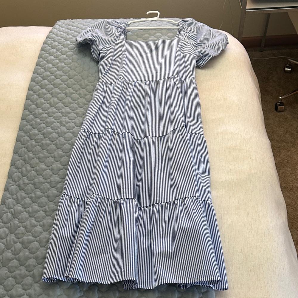J Crew Striped Blue & White Tiered Midi Dress